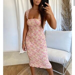 SNDYS Everyday Smocked Floral Midi Dress Square Neck Ruffle Women's 2 Resortwear